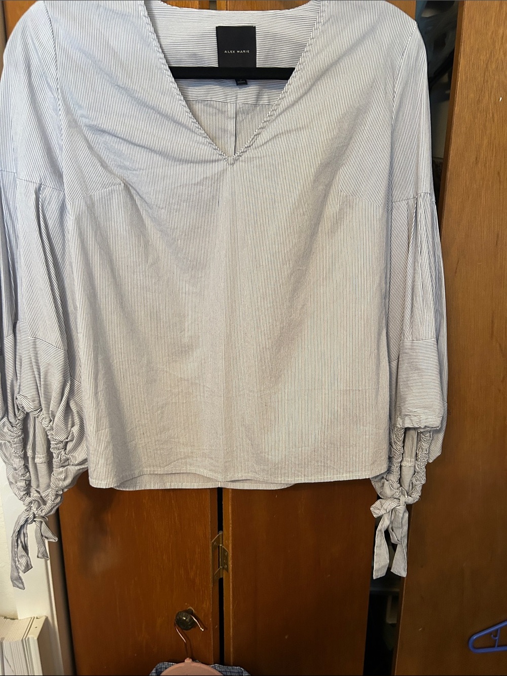 Alex Marie Light Blue Pinstripe Balloon-Sleeve Blouse